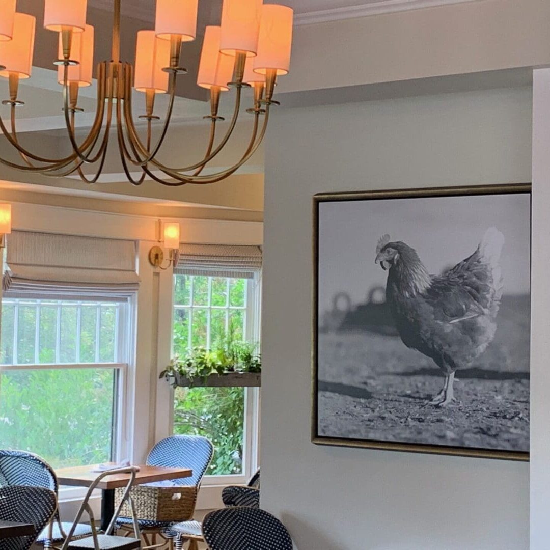 IMG_3389 Cozy café with chicken artwork on wall.